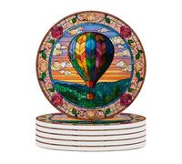 6pcs Ceramic Coaster Set with Tray Diameter 4.1in Thickened Absorbent Material Heat-Resistant and Water-Absorbent Coaster Set Suitable for All Types of Cups.Hot Air Balloon