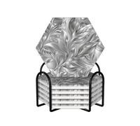 6Pcs Ceramic Drink Coaster with Holder, Ceramic Hexagon Coasters Silver Metallic Leaf Cup Coasters, Drink Coaster for Coffee Table Reusable Hot drink Coaster Suitable for Kinds Cups