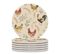 6PCS Chicken and Rooster Print Coasters Non-Slip Round Drink Coasters with Ceramic Stone and Cork Base, Heat Resistant Absorbent 33.00Stone Coaster Set for Kinds of Mugs and Cups, 4 Inch