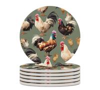 6PCS Chicken and Rooster Print Coasters Non-Slip Round Drink Coasters with Ceramic Stone and Cork Base, Heat Resistant Absorbent 33.00Stone Coaster Set for Kinds of Mugs and Cups, 4 Inch