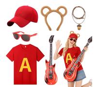 6Pcs Chipmunks Costume Set for Adults, Chipmunk Fancy Dress Set with T-Shirt Baseball Cap Chipmunk Ears Headband Glasses Acorn Necklace Inflatable Guitar for World Book Day, Halloween, Cosplay Party