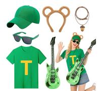 6Pcs Chipmunks Costume Set for Adults, Chipmunk Fancy Dress Set with T-Shirt Baseball Cap Chipmunk Ears Headband Glasses Acorn Necklace Inflatable Guitar for World Book Day, Halloween, Cosplay Party