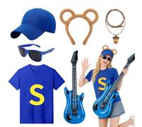 6Pcs Chipmunks Costume Set for Adults, Chipmunk Fancy Dress Set with T-Shirt Baseball Cap Chipmunk Ears Headband Glasses Acorn Necklace Inflatable Guitar for World Book Day, Halloween, Cosplay Party