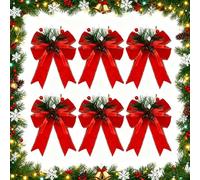 6Pcs Christmas Bows 13CM Christmas Burlap Bowknot Set with Pine Cones Pine Large Christmass Tree Bow Holly Berry Bows for DIY Xmas Tree Wreath Garland Gift Decoration (Red)