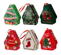 6PCS Christmas Cookie Tins with Lid Metal Boxes with Sling Rope, 4x3" House-Shaped Xmas Card Tin Box Candy Storage Containers for Gift Giving Party Decor Supplies