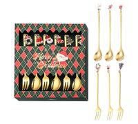 6PCS Christmas Cutlery Set Spoon and Fork Set Xmas Coffee Tea Spoons Cake Forks Xmas Tableware Sets Ice Cream Dessert Stirring Teaspoons Christmas Cracker Fillers for Party Decorations (Golden Green)