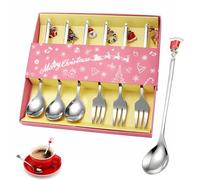 6PCS Christmas Cutlery Set Spoon and Fork Set Xmas Coffee Tea Spoons Cake Forks Xmas Tableware Sets Ice Cream Dessert Stirring Teaspoons Christmas Stocking Fillers Party (Silver)