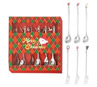 6PCS Christmas Cutlery Set Spoon and Fork Set Xmas Coffee Tea Spoons Cake Forks Xmas Tableware Sets Ice Cream Dessert Stirring Teaspoons Christmas Cracker Fillers for Party Decorations (Silver Red)