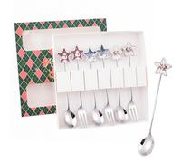 6PCS Christmas Cutlery Set Spoon and Fork Set Xmas Coffee Tea Spoons Cake Forks Xmas Tableware Sets Ice Cream Dessert Stirring Teaspoons Christmas Stocking Fillers Party (Green)