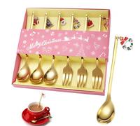 6PCS Christmas Cutlery Set Spoon and Fork Set Xmas Coffee Tea Spoons Cake Forks Xmas Tableware Sets Ice Cream Dessert Stirring Teaspoons Christmas Stocking Fillers Party (Golden)