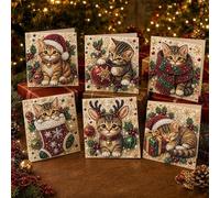 6Pcs Christmas DIY Pearl Diamond Art Greeting Cards Kits，Christmas Cat | Includes Envelopes, Diamond Painting Tools, Beginner Friendly, Rhinestone Artwork, Holiday Designs