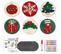 6pcs Christmas Punch Needle Coasters Kit, Easy Punch Needle Embroidery Starter Kit for Beginner Adults, DIY Embroidery Kit Christmas Party Home Decor