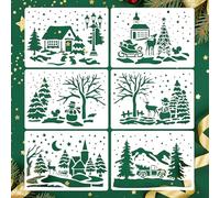 6PCS Christmas Scene Stencils for DIY Crafts Reusable Pine Tree Snowman Snowflake Reindeer Christmas Holiday Drawing Templates for Painting on Wood, Gift Box, Cards Making, Canvas, Fabric, Home Decor