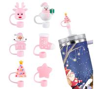 6pcs Christmas Straw Cover Cap for Stanley, 6 Style Pink Silicone Straw Toppers Christmas Theme Cute Straw Lids Cup Accessories Compatible with Tumbler 40&30oz Cup Gifts