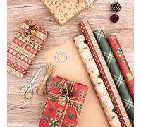 6PCS Christmas Wrapping Paper, Xmas Theme Kraft Wrapping Paper,Vintage Christmas Classic Pattern Santa Claus Reindeer Snowflake Family Friends Present Decorations for Festival Holiday Party