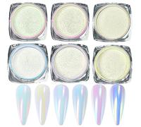 6PCS Chrome Nail Powder -Pearl Glossy, Iridescent & Mirror Effect - DIY Nail Art Accessory with Clear Ice Gloss and Metallic Pigments, High Gloss Multicolor Pearlescent Aurora Ice Glazed Donut Effect