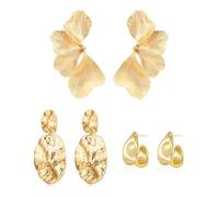 6PCS Chunky Gold Earrings, Gold Statement Earrings, Pleated Hammered Vintage Earrings, Irregular Petal Flower Leaf Shell Geometric Dangle for Women Girls