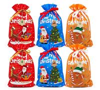 6pcs Cloth Christmas Gift Bags for Medium Sized Presents，Reusable Fabric Drawstring Christmas Gift Bags Set and 12 Gift Tage，Classic Holiday Colors-Red Blue Orange Xmas Gift Bag（10.2 x 14.17 inch）