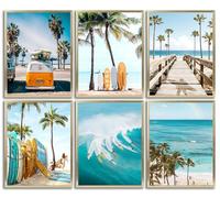 6pcs Coastal Surfboard Canvas Wall Art Summer Ocean Surfing Posters Prints Paintings Tropical Beach Wall Decor Pictures for Sea View Room Living Room Bedroom Bathroom Decoration Unframed