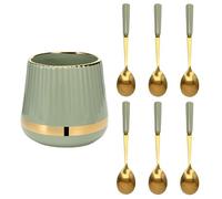 6PCS Coffee Spoons with Ceramic Jar Holder, Small Stainless Steel Gold Tea Spoons, Mini Dessert Spoons Set for Fruit, Stirring, Mixing, Sugar, Ice Cream, Cake (Light Green)