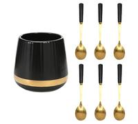 6PCS Coffee Spoons with Ceramic Jar Holder, Small Stainless Steel Gold Tea Spoons, Mini Dessert Spoons Set for Fruit, Stirring, Mixing, Sugar, Ice Cream, Cake (Black)
