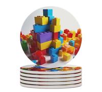 6PCS Colorful Building Blocks Coasters Non-Slip Round Drink Coasters with Ceramic Stone and Cork Base, Heat Resistant Absorbent 33.00Stone Coaster Set for Kinds of Mugs and Cups, 4 Inch