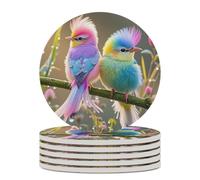 6PCS Colorful Little Bird Coasters Non-Slip Round Drink Coasters with Ceramic Stone and Cork Base, Heat Resistant Absorbent 33.00Stone Coaster Set for Kinds of Mugs and Cups, 4 Inch