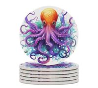 6PCS Colorful Octopus Coasters Non-Slip Round Drink Coasters with Ceramic Stone and Cork Base, Heat Resistant Absorbent 33.00Stone Coaster Set for Kinds of Mugs and Cups, 4 Inch
