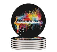 6PCS Colorful Piano Keyboard Music Note Coasters Non-Slip Round Drink Coasters with Ceramic Stone and Cork Base, Heat Resistant Absorbent 33.00Stone Coaster Set for Kinds of Mugs and Cups, 4 Inch