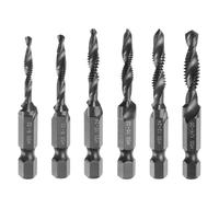 6pcs Combination Drill and Tap Bit Set, SAE 6-32NC to 1/4-20NC Thread 1/4" Hex Shank, Black Oxide Threading Screw Taps Spiral Flute Drilling Tapping Tool, HSS4341
