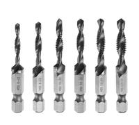 6pcs Combination Drill and Tap Bit Set, SAE 6-32NC to 1/4-20NC Thread 1/4" Hex Shank, TiCN Coated Threading Screw Taps Spiral Flute Tapping Tool, High Speed Steel (HSS) 4341