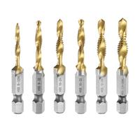 6pcs Combination Drill and Tap Bit Set, SAE 6-32NC to 1/4-20NC Thread 1/4" Hex Shank, Titanium Coated Threading Screw Taps Tapping Tools, High Speed Steel (HSS) 6542