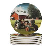 6PCS Company Farm Tractor Coasters Non-Slip Round Drink Coasters with Ceramic Stone and Cork Base, Heat Resistant Absorbent 33.00Stone Coaster Set for Kinds of Mugs and Cups, 4 Inch