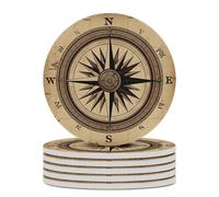6PCS Compass Wind Road Map Coasters Non-Slip Round Drink Coasters with Ceramic Stone and Cork Base, Heat Resistant Absorbent 33.00Stone Coaster Set for Kinds of Mugs and Cups, 4 Inch