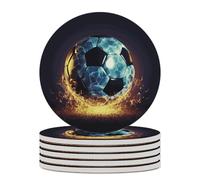 6PCS Cool Soccer Ball Coasters Non-Slip Round Drink Coasters with Ceramic Stone and Cork Base, Heat Resistant Absorbent 33.00Stone Coaster Set for Kinds of Mugs and Cups, 4 Inch