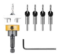 6PCS Countersink Drill Bit Set: Four Flute Countersink with Four Sizes Replaceable Drill Bits Depth-Adjustable Bit Holder with Hex Shank for Woodworking - Silver