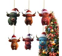6PCS Cow Christmas Ornaments, Christmas Tree Decorations Acrylic Highland Cow Pendant, Highland Cow Animal Christmas Tree Hanging Ornaments, 2D Cartoon Cow Ornaments for Christmas Tree