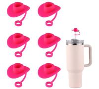 6pcs Cowgirl Hat Straw Cover, Cowboy Silicone Straw Toppers for 6-10mm Straws Reusable Straw Tip Cap Stoppers Decorative Cup Accessories for Stanley Tumbler 40oz 30oz (Hot Pink)