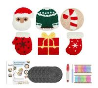 6pcs Crochet Christmas Coasters, Punch Needle Coasters Kit, Starter Needle Embroidery DIY Set for Beginners Adults, Merry C-hristmas Theme Embroidery Mug Rug Kit, for C-hristmas Home Party