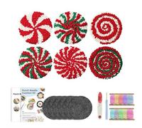 6pcs Crochet Christmas Coasters, Punch Needle Coasters Kit, Starter Needle Embroidery DIY Set for Beginners Adults, Merry C-hristmas Theme Embroidery Mug Rug Kit, for C-hristmas Home Party