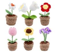 6Pcs Crochet Flowers Table Decor Set Crochet Desktop Potted Flowers Artificial Knitted Decorative Plants for Home Office Desk Shelf Decor, Mixed Colors for Share with Family and Friends (A)