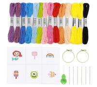 6PCS Cross Stitch Kits for Kids, Beginners Embroidery Kit with 6 Pre-Printed Fabrics, 18 Colourful Threads, 6 Needles, 2 Hoops, 1 Threader, Ideal for Creative Gifts and Learning Basic Stitching Skills