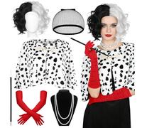 6Pcs Cruella Deville Costume Set for Women, Cruella Cosplay Outfits Kit with Cape Black and White Wig Pearl Necklace Gloves Hand Prop for World Book Day Halloween Carnivals Cosplay Themed Parties