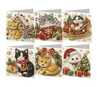 6Pcs Crystal Diamond Art Greeting Cards Christmas Cat with Envelopes