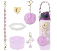 6Pcs Cup Accessories Set for Owala Water Bottle 24oz, 1Pcs Water Bottle Handle Strap, 1Pcs Siliocne Cup Boot, 3Pcs Charms for Owala Kids, Owala Coffee Tumbler, Owala FreeSip-Purple