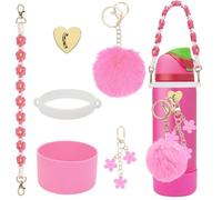 6Pcs Cup Accessories Set for Owala Water Bottle 24oz, 1Pcs Water Bottle Handle Strap, 1Pcs Siliocne Cup Boot, 3Pcs Charms for Owala Kids, Owala Coffee Tumbler, Owala FreeSip-Pink