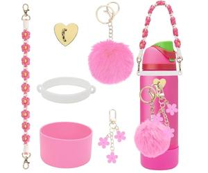 6Pcs Cup Accessories Set for Owala Water Bottle 24oz, 1Pcs Water Bottle Handle Strap, 1Pcs Siliocne Cup Boot, 3Pcs Charms for Owala Kids, Owala Coffee Tumbler, Owala FreeSip-Pink
