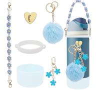 6Pcs Cup Accessories Set for Owala Water Bottle 40oz, 1Pcs Water Bottle Handle Strap, 1Pcs Siliocne Cup Boot, 3Pcs Charms for Owala Kids, Owala Coffee Tumbler, Owala FreeSip-Blue