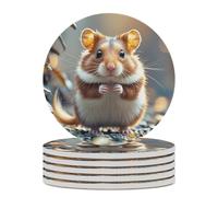 6PCS Cute and Weird Hamster Coasters Non-Slip Round Drink Coasters with Ceramic Stone and Cork Base, Heat Resistant Absorbent 33.00Stone Coaster Set for Kinds of Mugs and Cups, 4 Inch