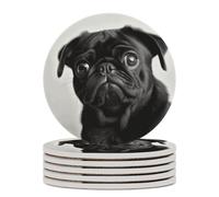 6PCS Cute Black Pug Dog Coasters Non-Slip Round Drink Coasters with Ceramic Stone and Cork Base, Heat Resistant Absorbent 33.00Stone Coaster Set for Kinds of Mugs and Cups, 4 Inch